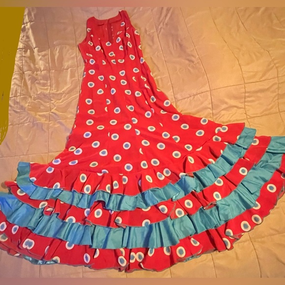 Red and Blue Flamenco Dress Handmade in Spain - zipper back, v-neck, sleeveless - Picture 3 of 16